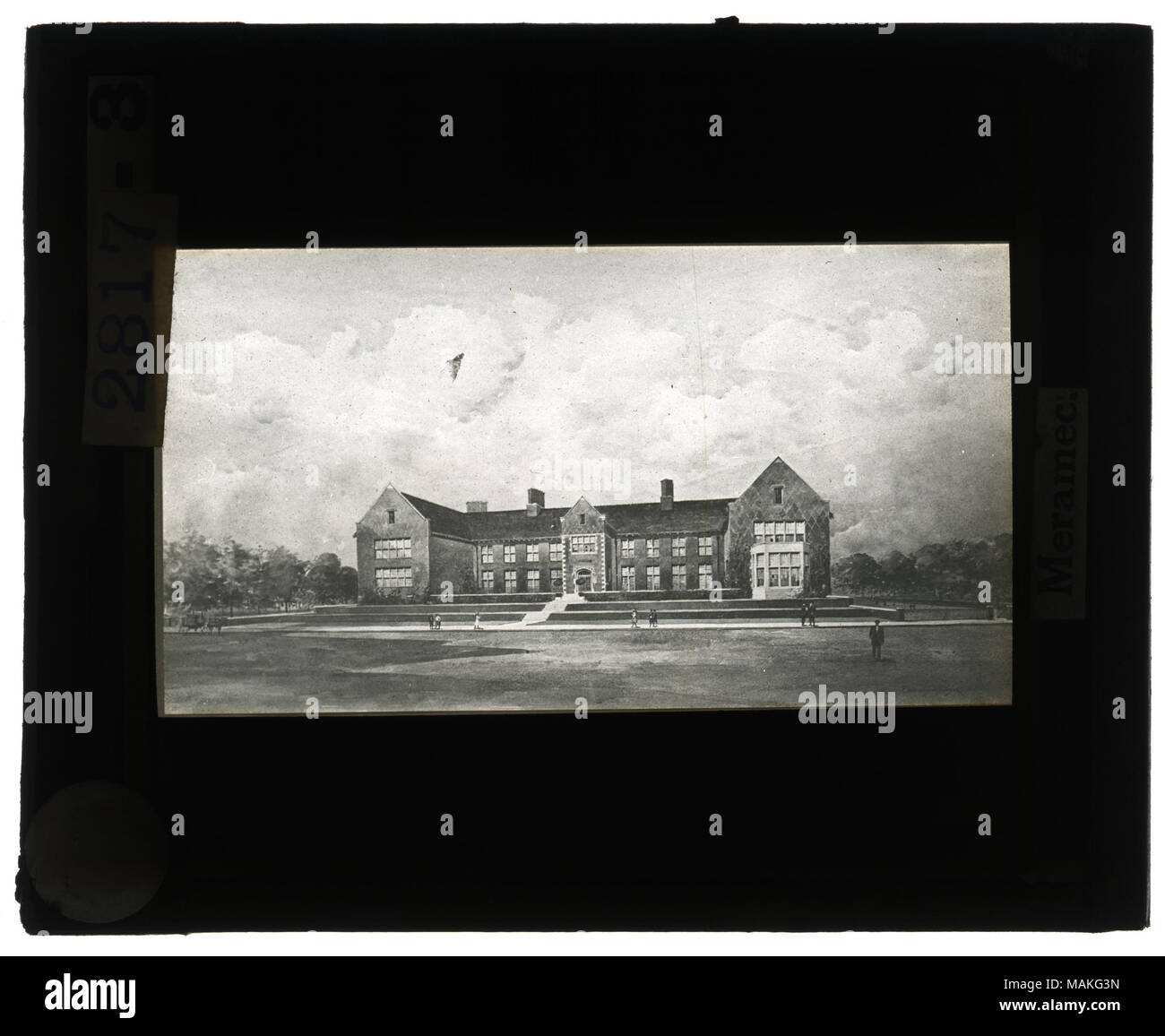 Horizontal, black and white photo of artist rendering of Meramec