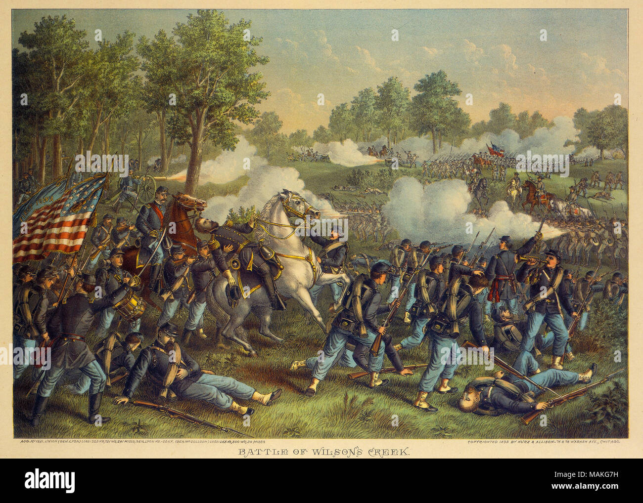 Image of a battle scene with Union soldiers in the foreground attacking the  Confederates in the background. 'BATTLE OF WILSON'S CREEK' (printed below  image). Battle took place August 10, 1861. Title: 'Battle