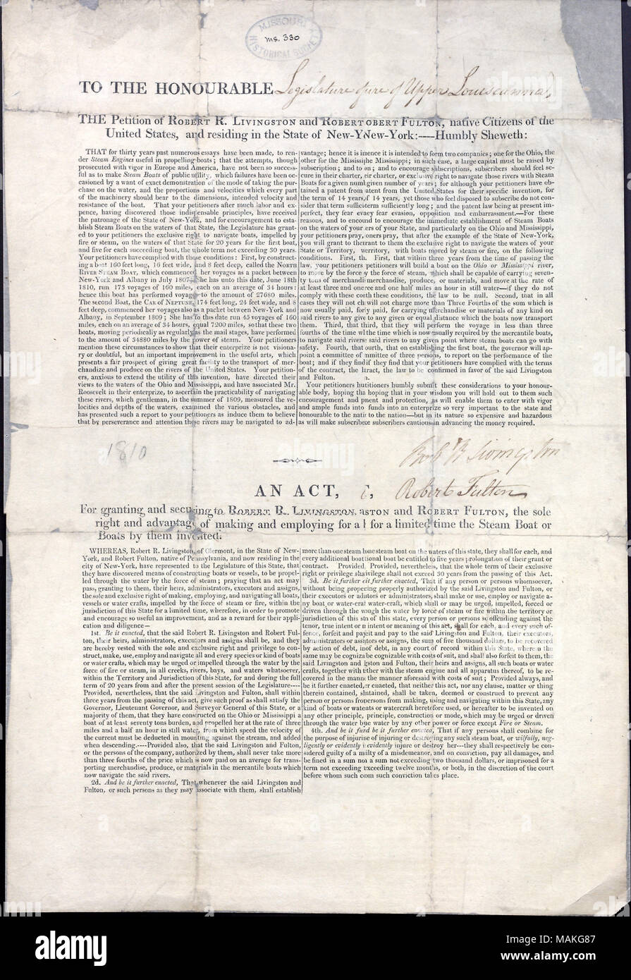 Includes the printed Act of the Legislature 'granting and securing to Robert R. Livingston and Robert Fulton, the sole right and advantage of making and employing for a limited time the steamboat or boats by them invented.' Title: Printed petition of Robert R. Livingston and Robert Fulton to the Upper Louisiana Legislature for the exclusive right to navigate the waters of Upper Louisiana, October 1810  . October 1810. Livingston, Robert R. Stock Photo