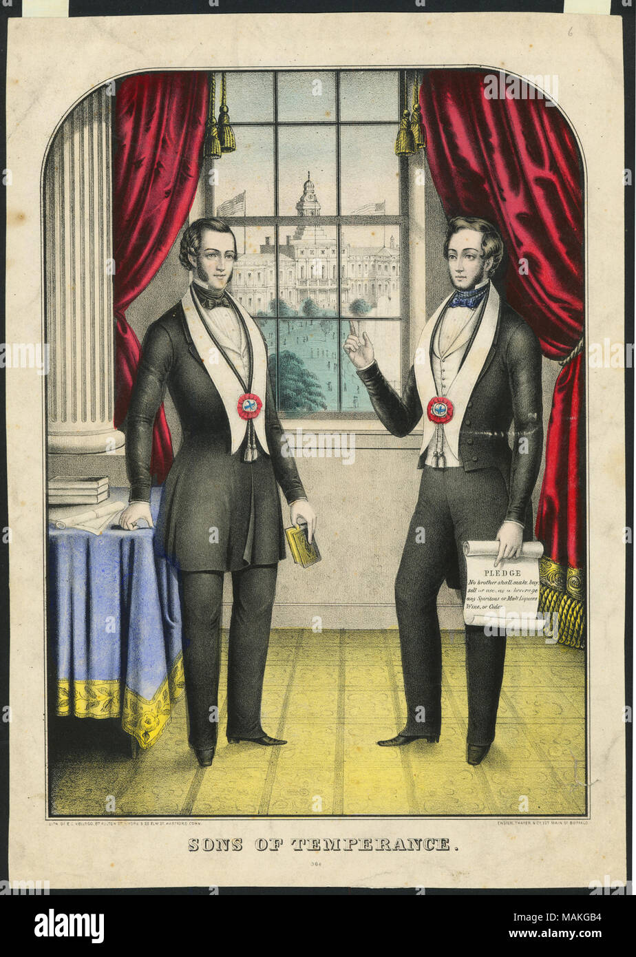 Vertical hand-colored lithograph showing two men in suits with stoles and cords standing in a room. One holds a pledge which reads: 'No brother shall make, buy, sell or use, as a beverage any Spiritous or Malt Liquors Wine, or Cider.' Title: 'Sons of Temperance.'  . circa 1845. E. C. Kellogg Stock Photo