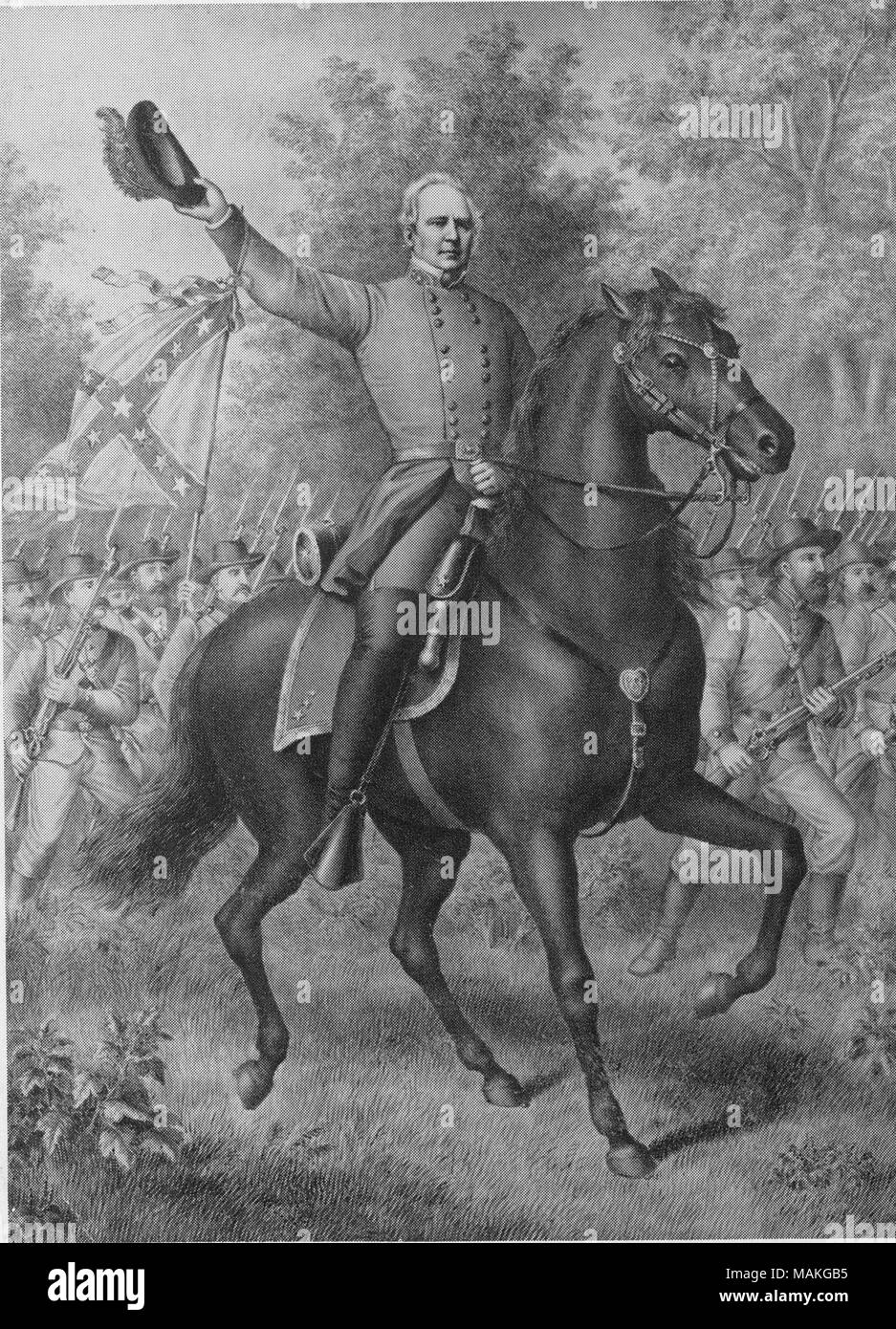 Print of Maj. Gen. Sterling Price on a horse in front of troops. Behind him a soldier is waving a Confederate flag. Title: Sterling Price, Major General (Confederate).  . between 1861 and 1865. Stock Photo