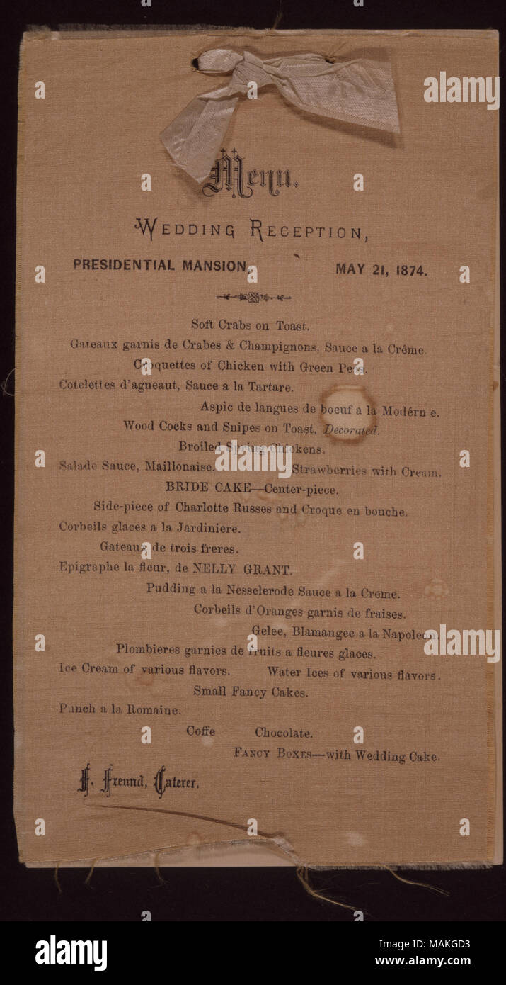 Printed on silk. Given as a wedding favor to guest Anna Barnes. Title: Menu for wedding dinner of Nellie Grant and Algernon Sartoris, 1874  . 21 May 1874. Stock Photo