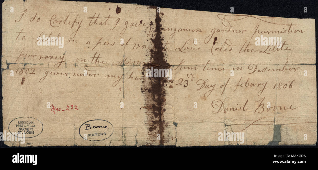 Grants Benjamin Gardner permission to settle on land in Little Prairie, Missouri. Title: Document signed Daniel Boone, February 23, 1806  . 23 February 1806. Boone, Daniel, 1734-1820 Stock Photo