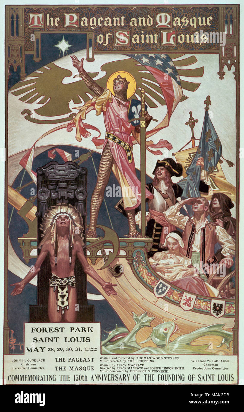 A representation of St. Louis in armor points to a star while various historical figures look up. Title: Poster: The Pageant and Masque of St. Louis, Forest Park, May 28-31, 1914  . 1914. Stock Photo