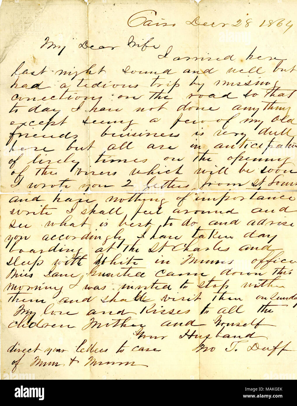 Title: Letter from Jno. T. Duff, Cairo, to My Dear Wife, December 28, 1864  . 28 December 1864. Duff, John T. Stock Photo