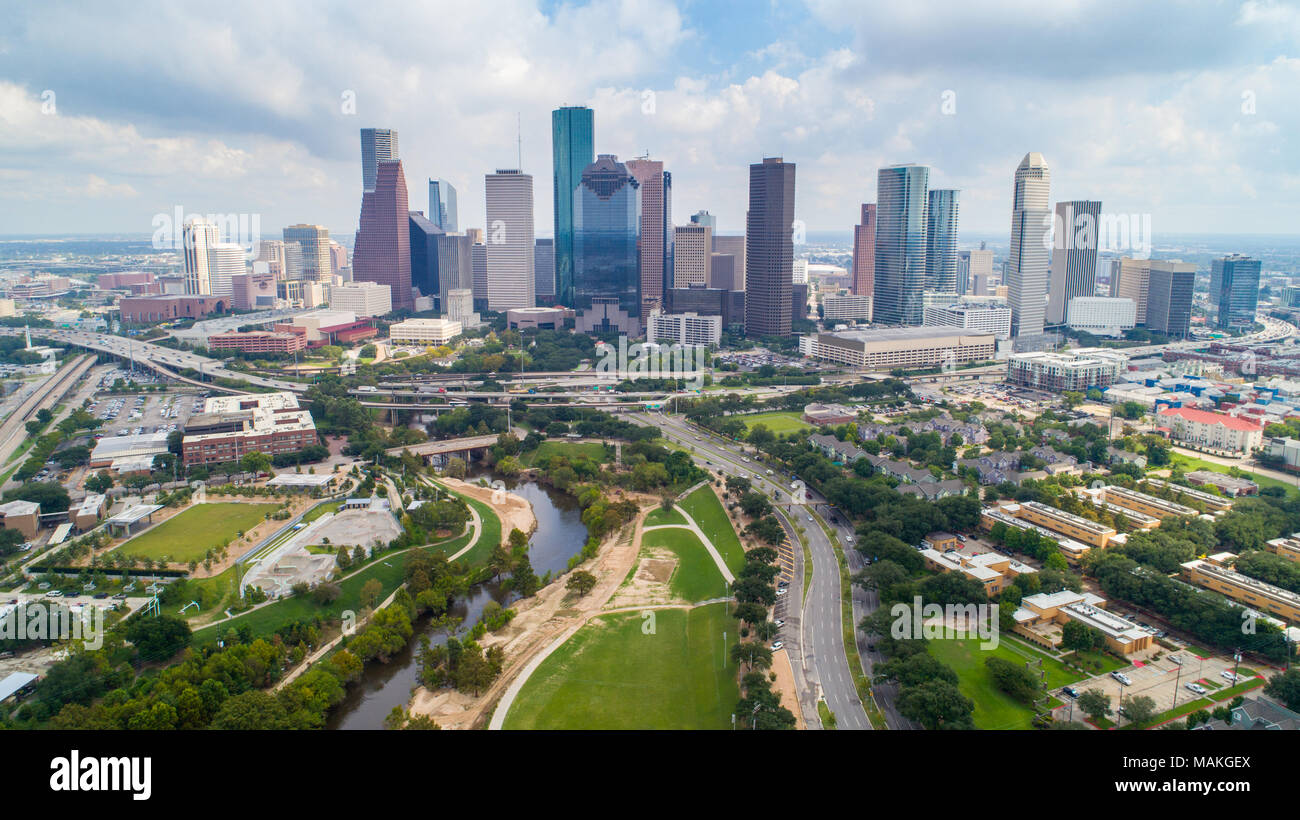Aerial view of skyline downtown Houston building city, at buffalo bayou park, Houston, Texas, USA Stock Photo