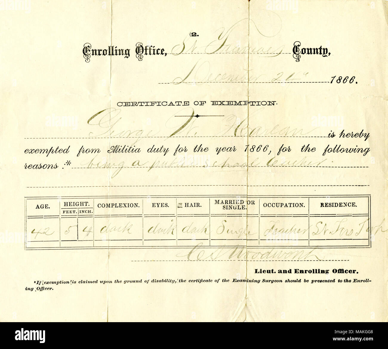 Title: Certificate of exemption of George W. Harlan, Enrolling Office, St. Francois County, December 24, 1866  . 24 December 1866. Stock Photo