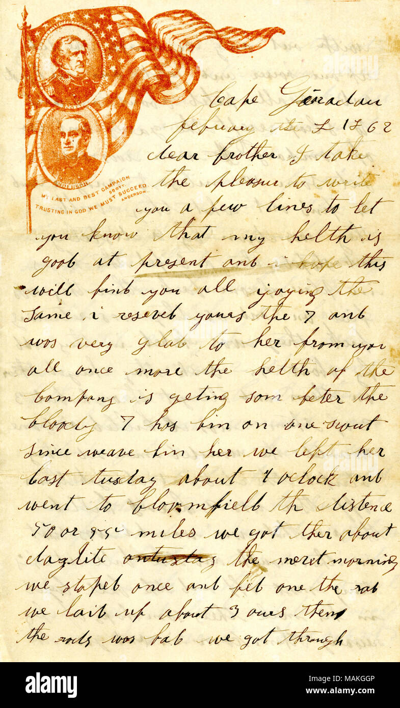 Title: Letter from W. H. Dennis, Cape Giradau [Girardea], to Brother,  February 1, 1862 . 1 February 1862. Dennis, W. H Stock Photo - Alamy