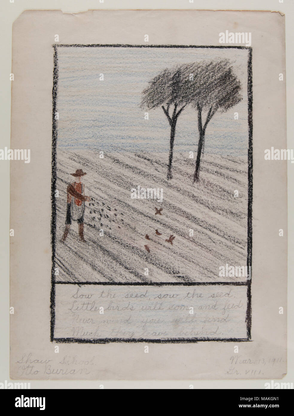 Crayon illustration of man in field with poem, made by Otto Burian in