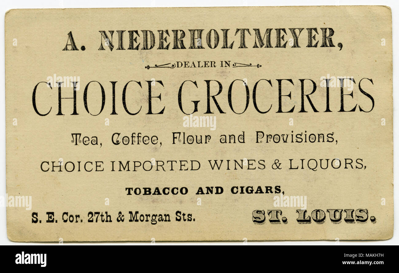 Horizontal, color image showing a caricature of an African American woman backhanding a man in the face. Above the scene reads ' A Mistaken Identity.' The back of the card reads: 'A. Niederholtmeyer, Dealer in Choice Groceries. Tea, Coffee, Flour and Provisions, Choice Imported Wines and Liquors, Tobacco and Cigars, S.E. Cor. 27th and Morgan Sts. St. Louis.' Title: Advertising card for A. Niederholtmeyer grocery store.  . circa 1890. Stock Photo