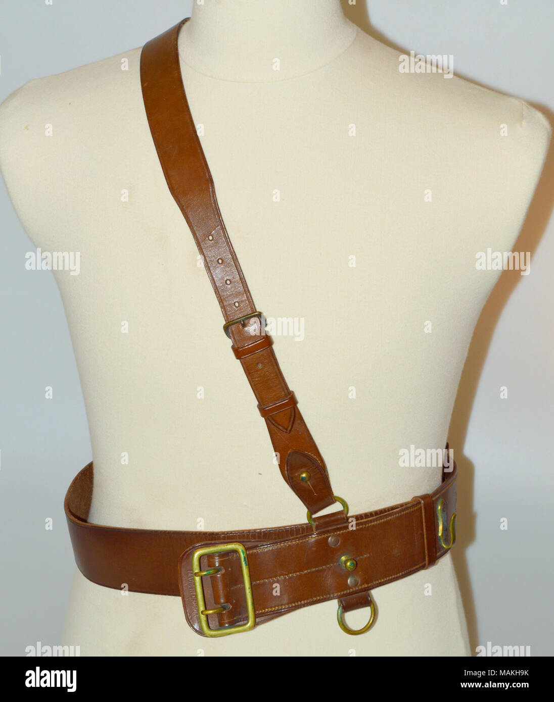 Canadian made, brown leather, Sam Browne belt. These belts were very common among British Commonwealth and Allied officers during World War I. Title: Canadian Made Sam Browne Belt  . after 1900. Stock Photo