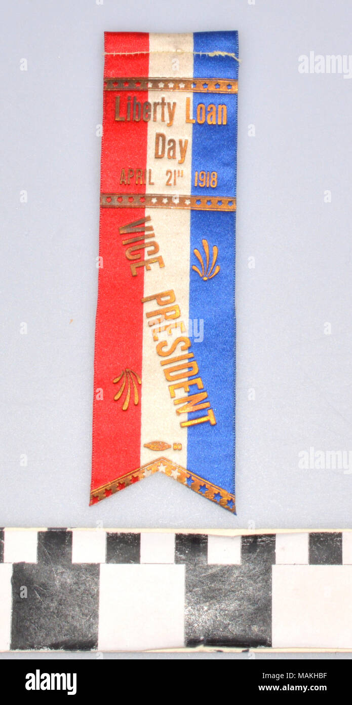 World War I Liberty Loan Day Ribbon. Worn by the Vice President of a liberty loan association, the date indicates it is associated with the Third Liberty Loan issued on April 4, 1918. Title: World War I Liberty Loan Day Ribbon  . 1918. Stock Photo