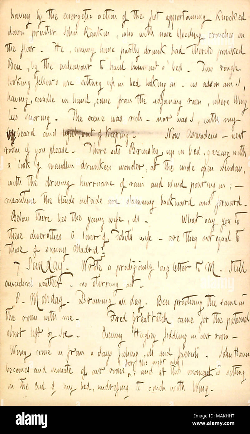 Describes an incident between Ben Haun and John Rankin in his boarding house at No. 79 York Street in Jersey City.  Transcription: having by the energetic action of the fist appertaining knocked down printer John Rankin, who with nose bleeding crouches on the floor. He, coming home partly drunk had thereto provoked Ben [Haun], by the endeavour to hand him out o ? bed. Two rough looking fellows are sitting up in bed looking on  ? as also am I, having, candle in hand, come from the adjoining room, where [Jabez] Wing lies snoring. The scene was rich  ? nor was I, with my beard and light, out of k Stock Photo