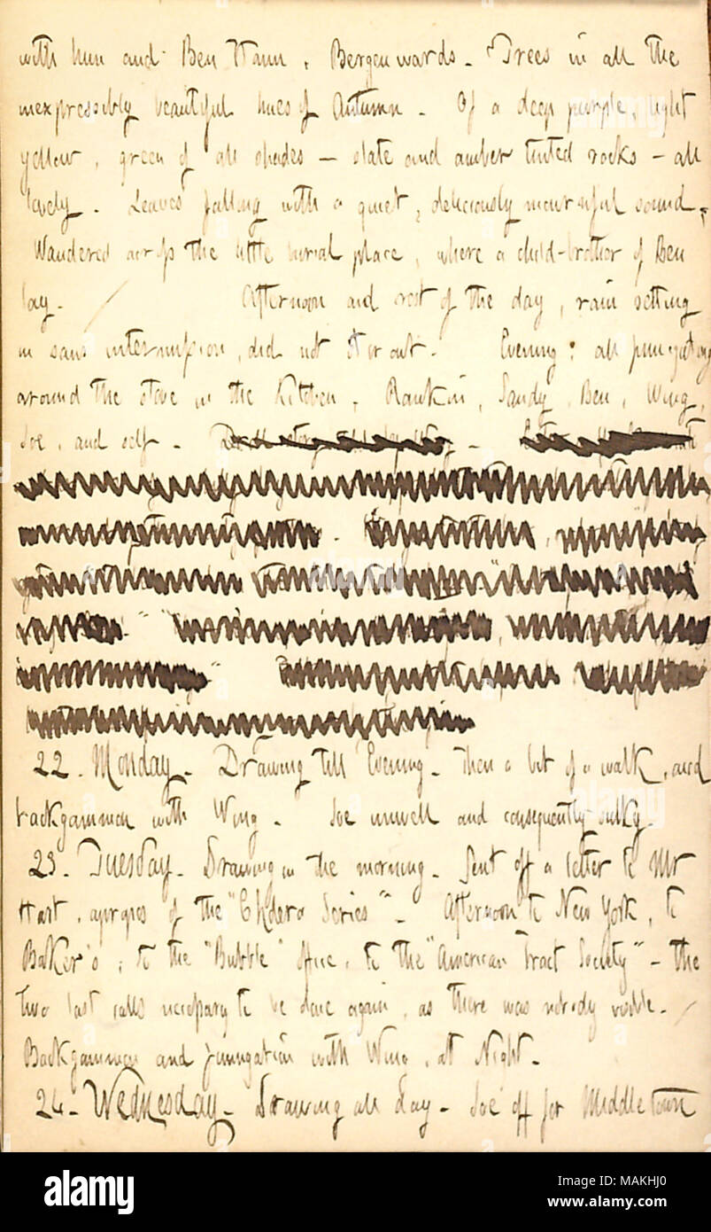 Comments on the beauty of Autumn.  Transcription: with him and Ben Haun, Bergen wards. Trees in all the inexpressibly beautiful hues of Autumn. Of a deep purple, light yellow, green of all shades  ? slate and amber tinted rocks  ? all lovely. Leaves falling with a quiet, deliciously mournful sound. Wandered across the little burial place, where a child-brother of Ben [Haun] lay. / Afternoon and rest of the day, rain setting in sans intermission, did not stir out. Evening; all fumigating around the stove in the kitchen, [John] Rankin, Sandy, Ben, [Jabez] Wing, Joe [Greatbatch], and self. Droll  Stock Photo