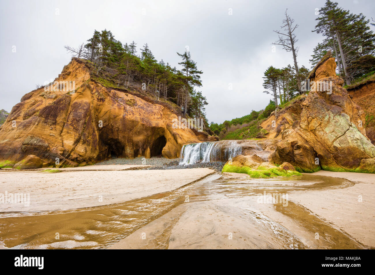 Hug Point waterfall full from a wet winter falls over low rock and onto the beach where it empties into the sea.   Surrounded on each side, by large s Stock Photo