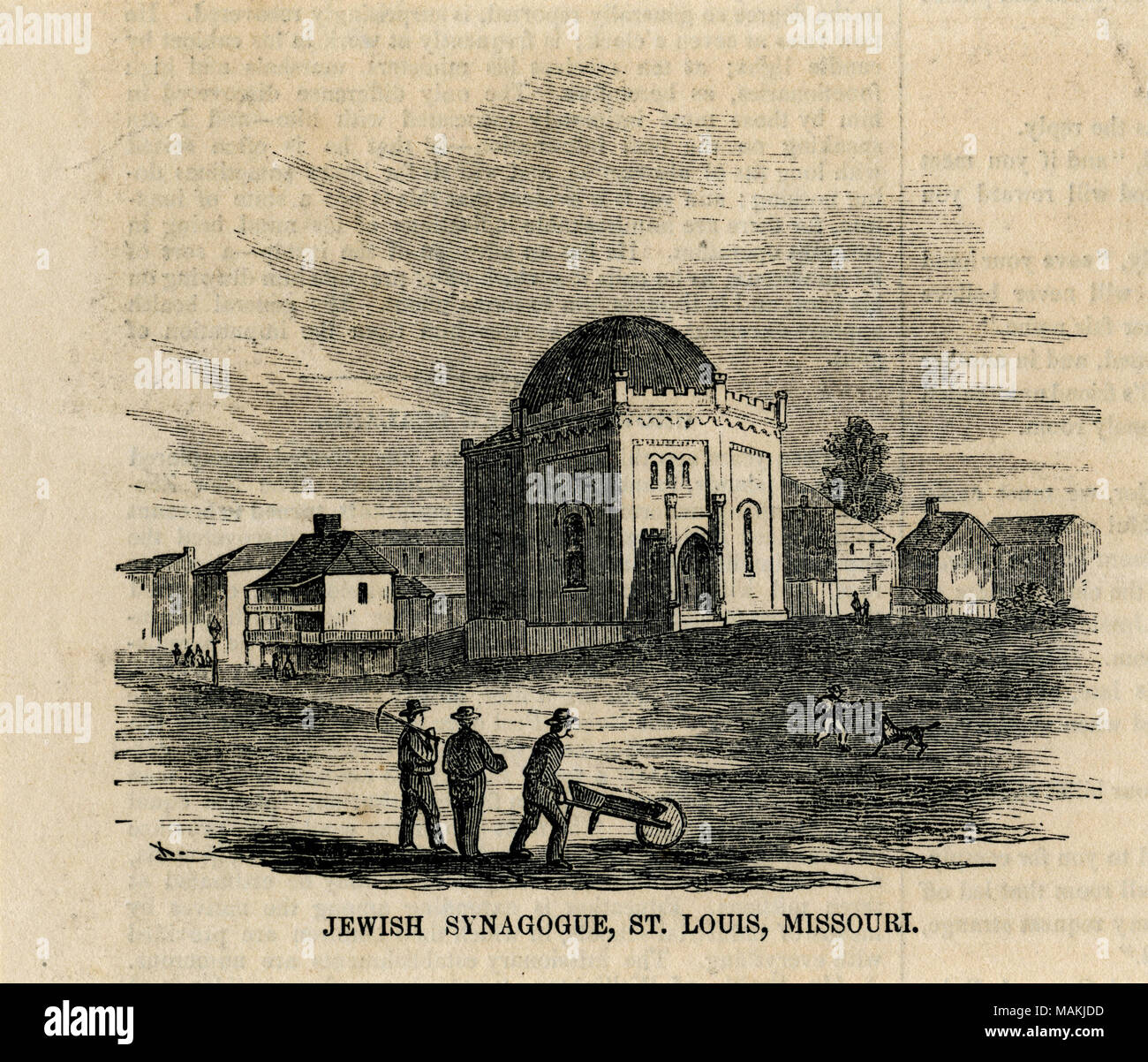 Horizontal, black and white print of the B'nai El synagogue at the southwest corner of 6th Street and Cerre Street. Three men, one holding a pick-axe and one pushing a wheelbarrow, are shown along the center of the lower edge. Another man can be seen playing with a dog in the distance. The woodcut appeared in Ballou's Pictorial Drawing-Room Companion, published in 1857. Title: Jewish Synagogue, St. Louis. [B'nai El]. Southeast corner of 6th Street and Cerre Street. Published in Ballou's Pictorial Drawing-Room Companion.  . 1857. Stock Photo