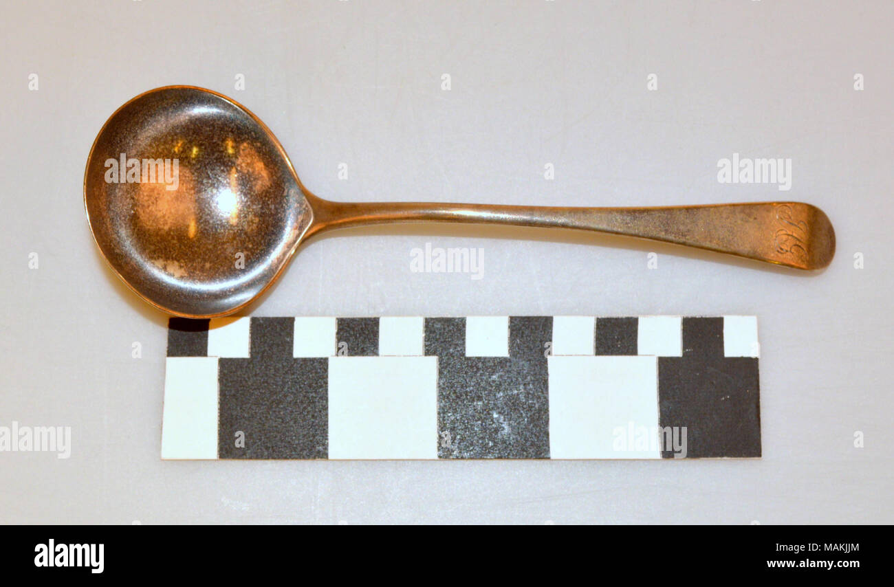 Silver gravy ladle of Jane Ann Gould of Alton, Illinois. Title: Gravy Ladle of Jane Ann Ground  . 1777. Stock Photo