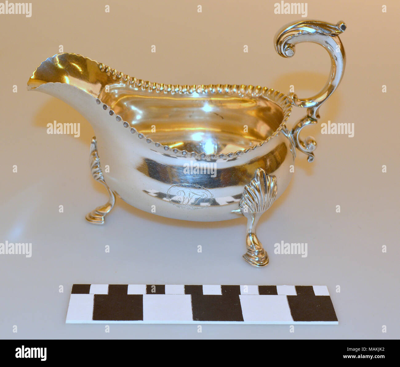 Silver sauceboat of William Forsyth, a British soldier who was badly wounded in the French and Indian War and subsequently moved to Detroit. Title: Sauce Boat of William Forsyth  . 1770. Francis Crump Stock Photo