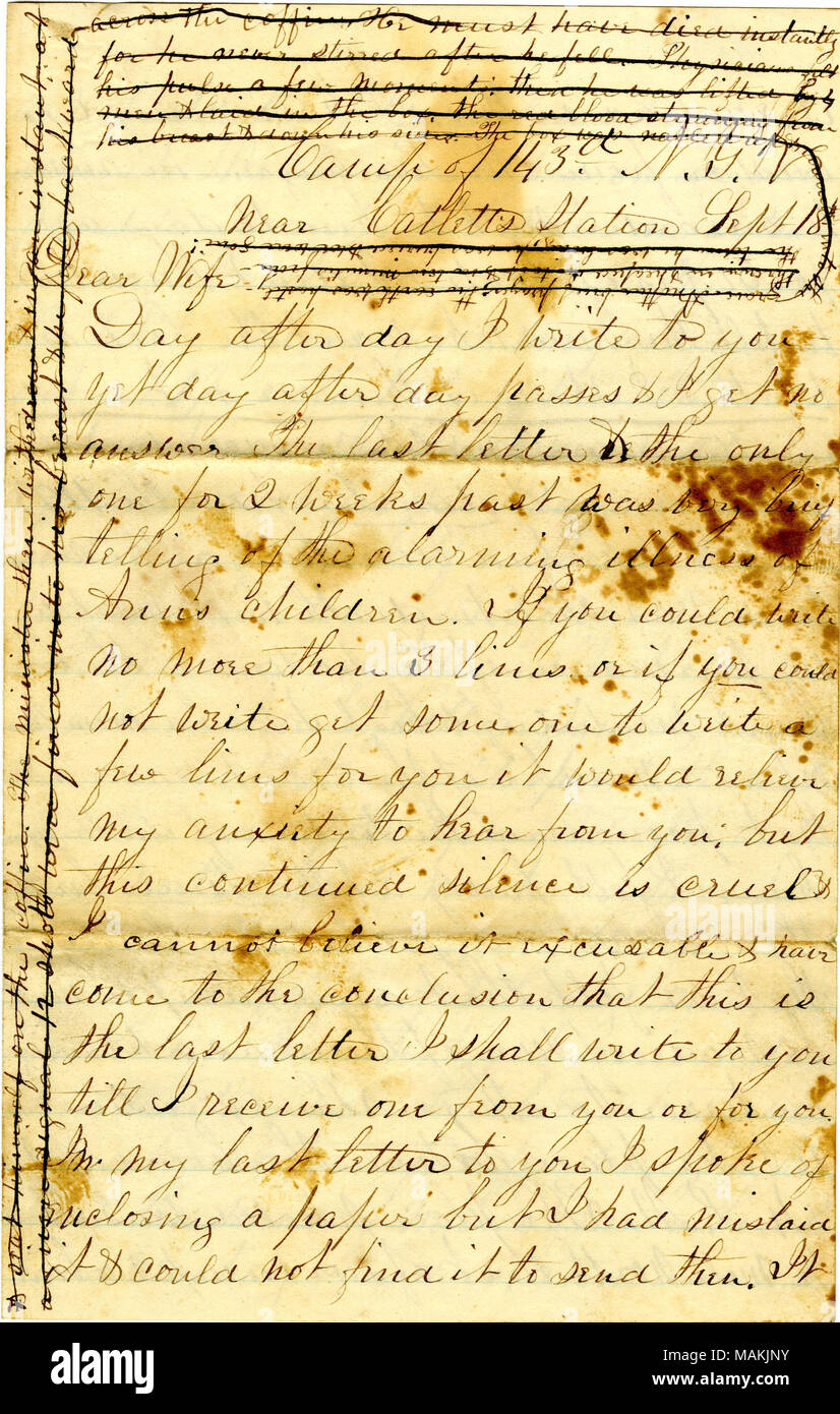 Contains an account of the execution of a deserter from the 119th New York Infantry. Includes envelope. Title: Letter of [William S. Moffat], camp of 143rd N.Y., near Catlett's Station, to his wife [Matilda B. Moffat], Dryden, Tompkins Co., N.Y., September 18, 1863  . 18 September 1863. Moffat, William S., -1898 Stock Photo