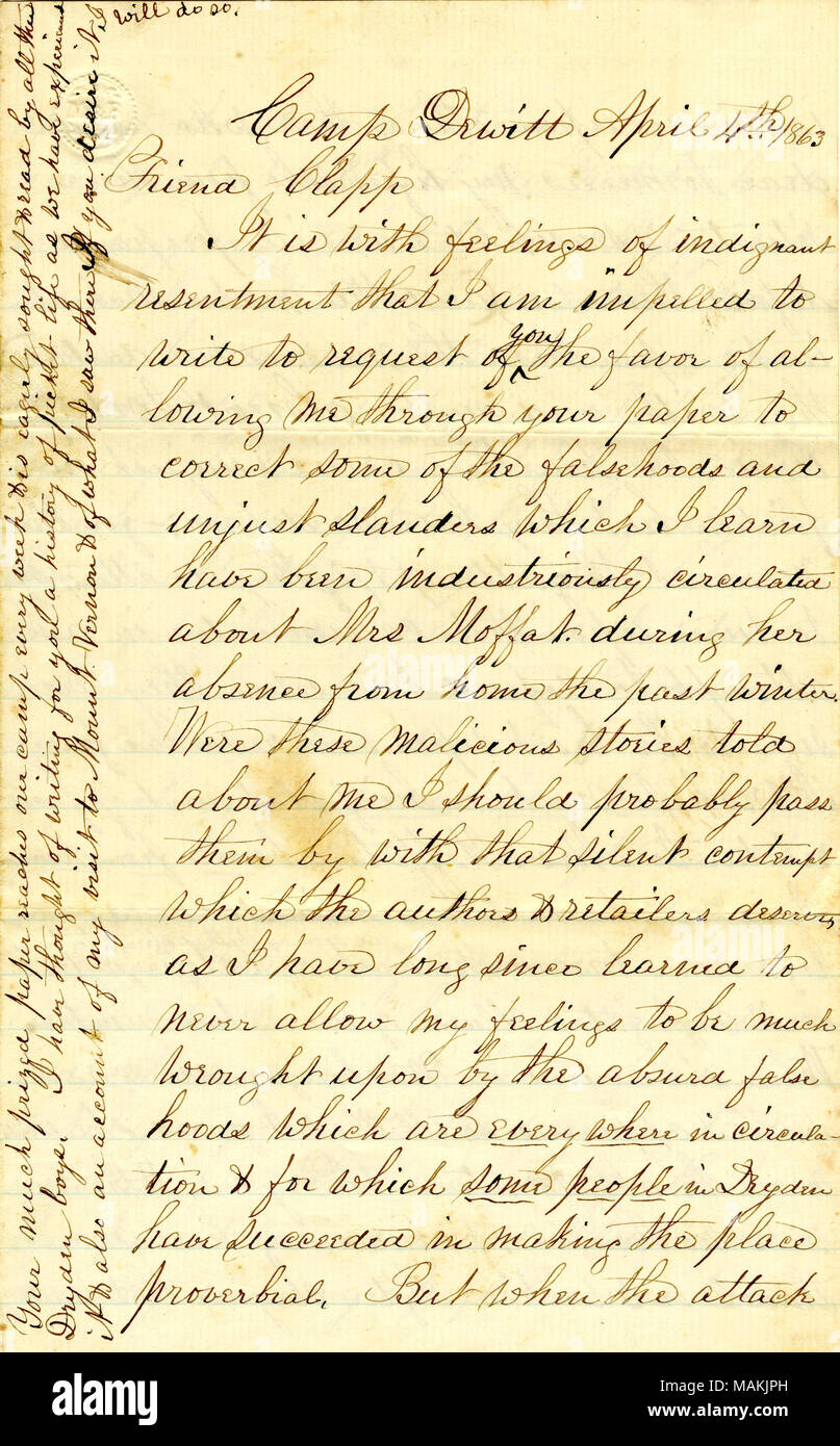 Requests that Clapp publish in his newspaper the truth about why Matilda B. Moffat stayed with