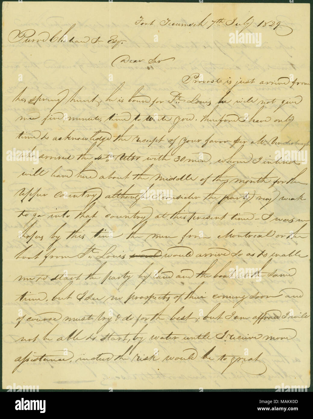 Mr. Vanderburch arrived on the 4th with 30 men 'whom I intend will leave here about the middle of this month for the upper country although I consider the party very weak to go into that country at this present time.' Writes of the freemen coming in from all quarters. 'I think they will give us a great deal of trouble.' Provost will not give him his spring hunt, but he owes nothing. Persons mentioned include: Godfrey Pels..., Michel Surpernant, Thomas Dumond, Berdeau, and Christof. Places mentioned include: Montreal. Title: Letter signed K. McKenzie [Kenneth MacKenzie], Fort Tecumseh, to Pierr Stock Photo