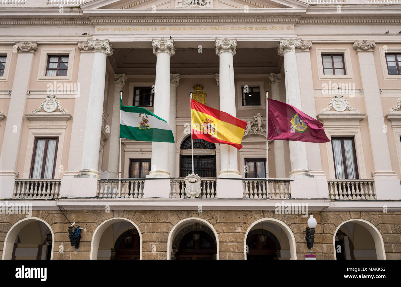 Flags fly on the Town Hall of Cadiz in Southern Spain Stock Photo Alamy