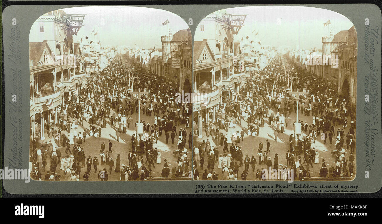 Title: 'The Pike East from 'Galveston Flood' Exhibit - a street of mystery and amusement. World's Fair, St. Louis.' [Louisiana Purchase Exposition]. U and U 35.  . 1904. Underwood and Underwood Stock Photo