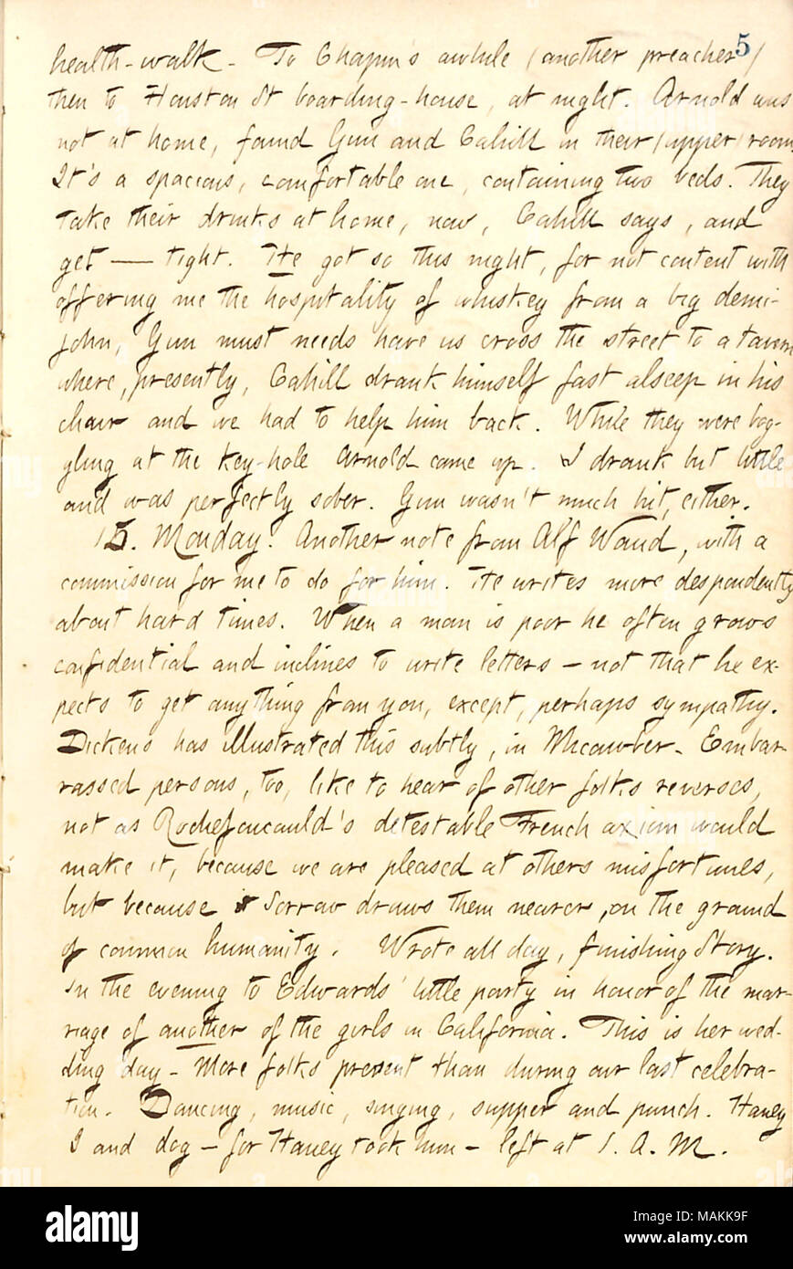 Mentions a night out at a tavern with Frank Cahill and Bob Gun, and receiving a letter from Alf Waud.  Transcription: health-walk. To [E.H.] Chapin ?s awhile (another preacher) then to Houston St boarding-house, at night. [George] Arnold was not at home, found [Bob] Gun and [Frank] Cahill in their (upper) room. It ?s a spacious, comfortable one, containing two beds. They take their drinks at home, now, Cahill says, and get  ? tight. He got so this night, for not content with offering me the hospitality of whiskey from a big demi-john, Gun must needs have us cross the street to a tavern where,  Stock Photo