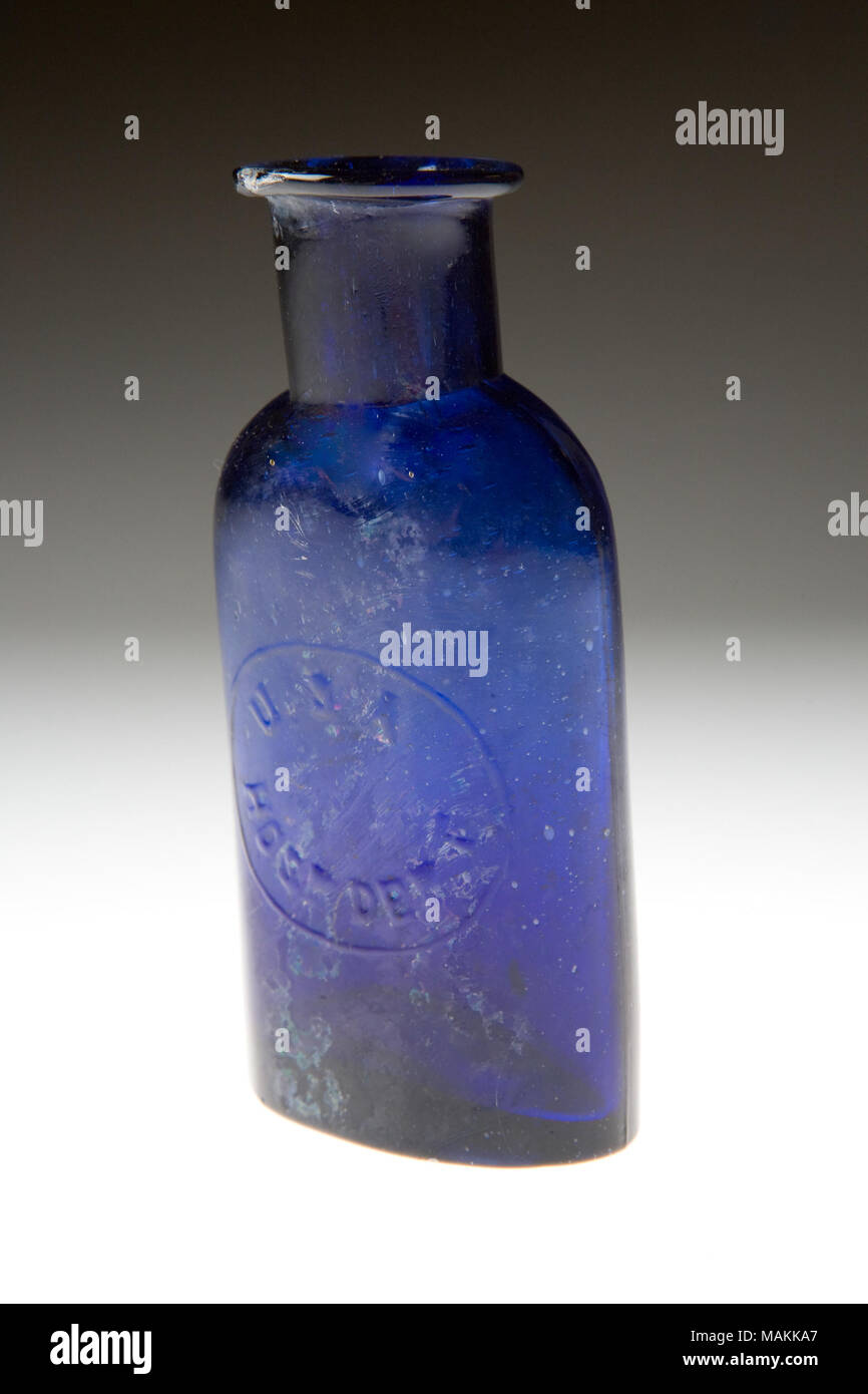 Cobalt blue USA Hospital Department medicine bottle, of the type used by the Union army during the Civil War. Title: USA Hospital Department medicine bottle  . circa 1860. Stock Photo