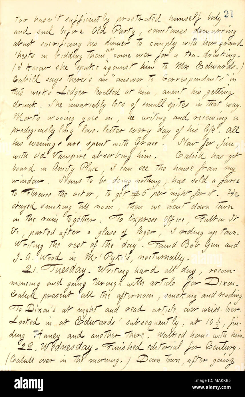 Regarding how Fanny Fern uses her articles in The New York Ledger.  Transcription: too hasn't sufficiently prostrated himself [Frank Cahill] body and soul before Old Party [Fanny Fern], sometimes demurring about sacrificing his dinner to comply with her grand 'hests in bidding them all come over for a tea-drinking. (I know she spake against him to Mrs [Sarah] Edwards.) Cahill says there's an 'answer to Correspondents' in this weeks Ledger leveled at him, anent his getting drunk. She invariably lets of small spites in that way. Mort [Thomson]'s wooing goes on, he writing and receiving a prodigi Stock Photo