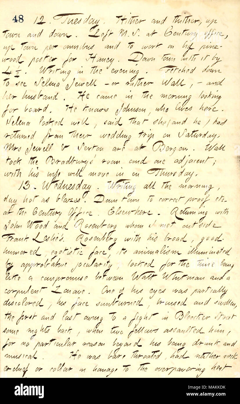 Mentions that Mrs. Wall and her husband will be moving into his boarding house.  Transcription: 12. Tuesday. Hither and thither, up town and down. Left M.S. at Century Office, up town per omnibus and to work on big pine-wood poster for [Jesse] Haney. Down town with it by 4 1/2. Writing in the evening. Fetched down to see Selena Jewell  ? or rather Wall,  ? and her husband. He came in the morning looking for board. He knows Johnson, who lives here. Selena looked well, said that she (and he) had returned from their wedding trip on Saturday. Mrs [Celina] Jewell & [Cornelia] Sexton are at Bergen.  Stock Photo