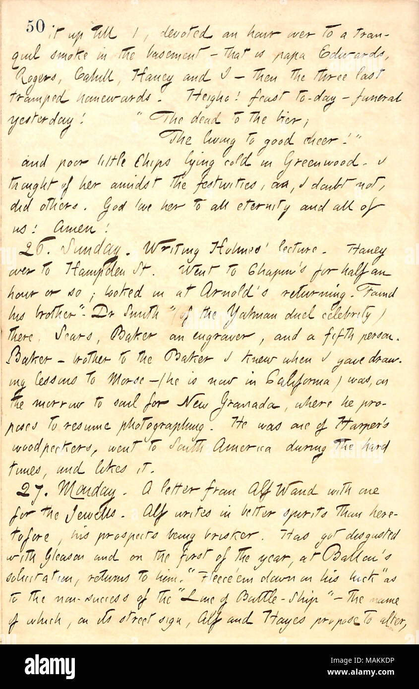 Describes attending the Edwards family's Christmas party and a letter received from Alf Waud.  Transcription: it up till 1, devoted an hour over to a tranquil smoke in the basement  ? that is papa [George] Edwards, [William] Rogers, [Frank] Cahill, [Jesse] Haney and I  ? then the three last tramped homewards. Heigho! feast to-day  ? funeral yesterday! 'The dead to the bier; The living to good cheer!' and poor little Chips [Anna Thomson] lying cold in Greenwood. I thought of her amidst the festivities, as, I doubt not, did others. God love her to all eternity and all of us! Amen! 26. Sunday. Wr Stock Photo