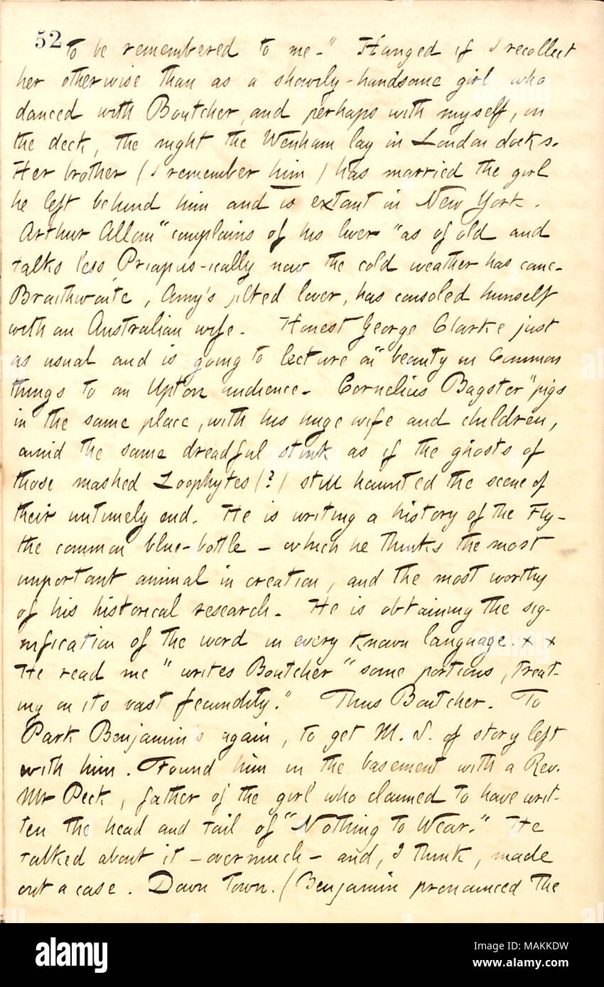 Describes a letter received from William Boutcher.  Transcription: to be remembered to me.' Hanged if I recollect her [Baroness d'Ebro], otherwise than as a showily-handsome girl who danced with [William] Boutcher, and perhaps with myself, on the deck, the night the Wenham lay in London docks. Her brother (I remember him) has married the girl he left behind him and is extant in New York. Arthur Allom 'complains of his lover' as of old and talks less Priapus-really now the cold weather has come. Braithwaite, Amy [Allom]'s jilted lover, has consoled himself with an Australian wife. Honest George Stock Photo