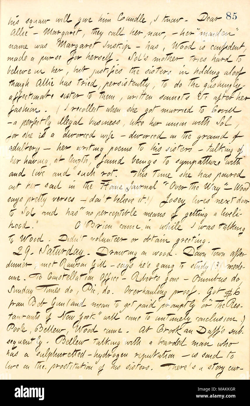 Regarding a talk about Allie Vernon with John A. Wood.  Transcription: his squaw [Allie Vernon] will give him [Sol Eytinge] Candle, I know. Dear Allie  ? Margaret, they call her, now,  ? her 'maiden' name was Margaret Inship [Winship]  ? has, [John] Wood is confident, made a purse for herself. Sol's mother [Mary Eytinge] tries hard to believe in her, but justifies the sisters in holding aloof though Allie has tried, persistently, to do the gushingly-affectionate sister to them, written sonnets &c after her fashion. (I recollect when she got married to [Lemuel] Covill  ? a perfectly illegal bus Stock Photo