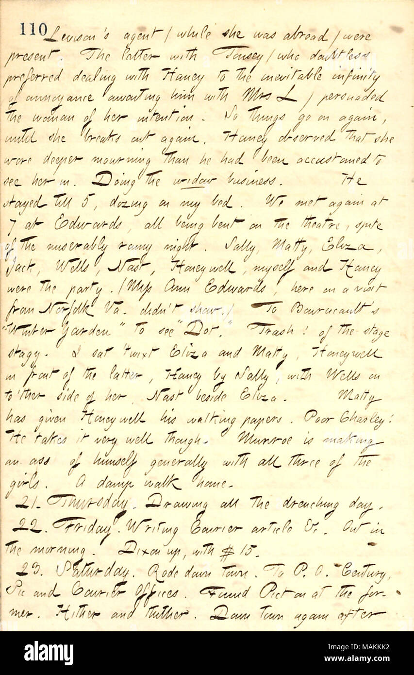Describes a visit to the theater to see Winter Garden with the Edwards girls and others.  Transcription: [Mary] Levison ?s agent (while she was abroad) were present. The latter with Tousey (who doubtless preferred dealing with [Jesse] Haney to the inevitable infinity of annoyance awaiting him with Mrs L) persuaded the woman of her intention. So things go on again, until she breaks out again. Haney observed that she wore deeper mourning than he had been accustomed to see her in. Doing the widow business. He stayed till 5, dozing on my bed. We met again at 7 at Edwards, all being bent on the the Stock Photo
