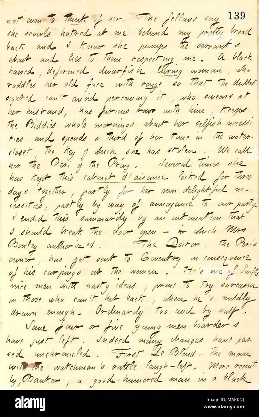 Regarding Mr. and Mrs. Kinne, who live in his boarding house.  Transcription: not even to think of her [Mrs. Kinne]. The fellows say she scowls hatred at me behind my pretty broad back and I know she pumps the servants about and lies to them respecting me. A black haired, deformed, dwarfish luring woman, who raddles her old face with rouge so that the dullest sighted can ?t avoid perceiving it, who swears at her husband, has furious rows with him, keeps the Biddies whole mornings about her selfish necessities and spends a third of her time in the water-closet, the key of which she has stolen.  Stock Photo