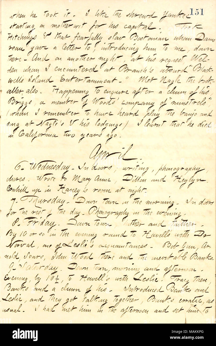 Mentions having a drink at Howell's with Dr. Norval and others.  Transcription: when he took it. I like the shrewd Yankee [Mr. Dexter] starting on motherwit for his capital. Took [Henry] Hitchings & that fearfully slow Bostonian [John Ware] whom [Charles] Damoreau gave a letter to, introducing him to me, down there. And on another night, at his request, [Charles] Welden whom I encountered at Branch's absurd 'Blackwell's Island Entertainment.' Met [James P.] Nagle the book-seller, also. Happening to enquire after a chum of his, Briggs, a member of Woods' company of 'minstrels,' (whom I remember Stock Photo
