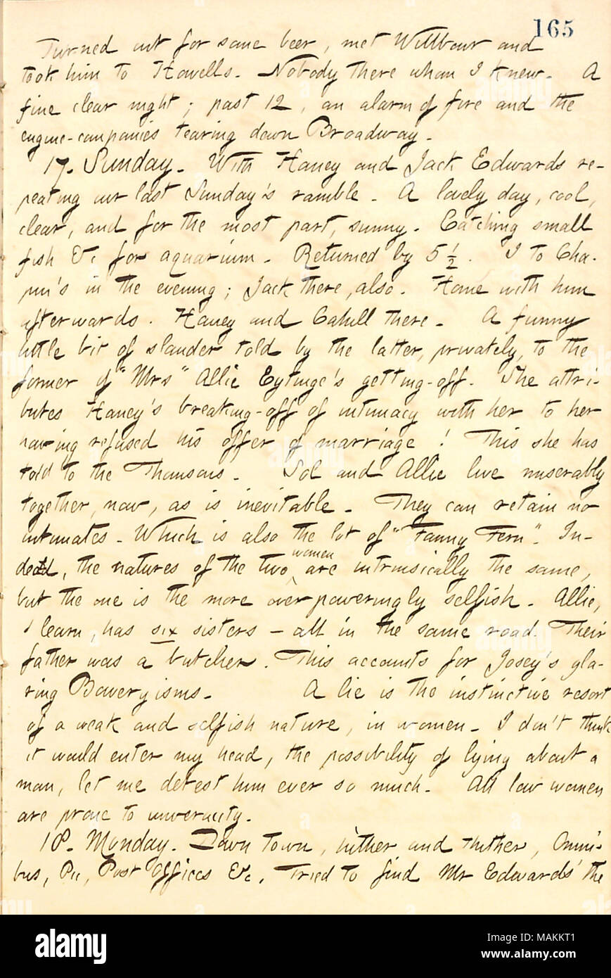 Comments on Allie Vernon and Fanny Fern.  Transcription: Turned out for some beer, met [Charles E.] Wilbour and took him to Howells. Nobody there whom I knew. A fine clear night; past 12, an alarm of fire and the engine-companies tearing down Broadway. 17. Sunday. With [Jesse] Haney and Jack Edwards repeating our last Sunday's ramble. A lovely day, cool, clear, and for the most part, sunny. Catching small fish &c for aquarium. Returned by 5 1/2. I to [E.H.] Chapin's in the evening; Jack there, also. Home with him afterwards. Haney and [Frank] Cahill there. A funny little bit of slander told by Stock Photo