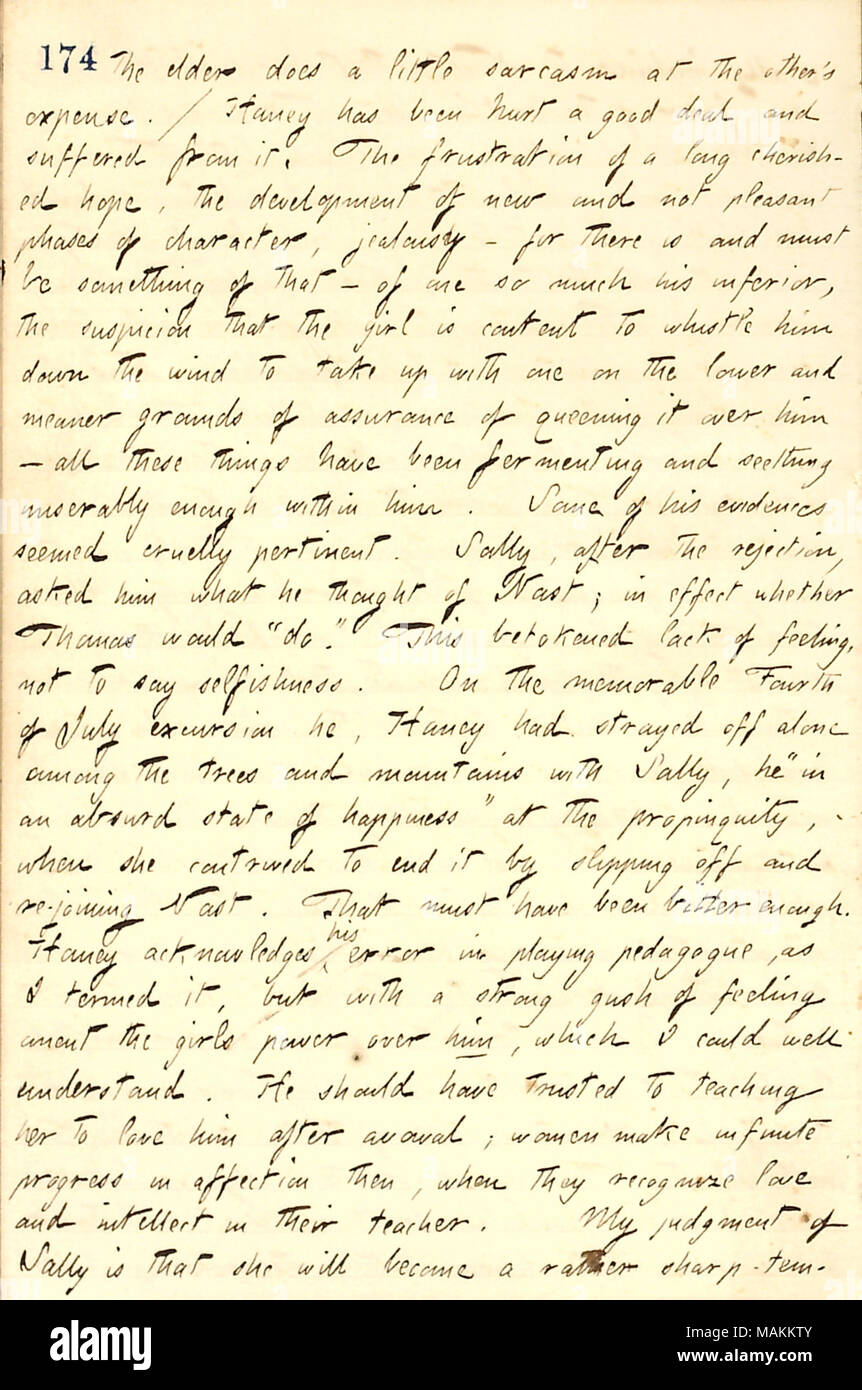 Regarding Jesse Haney and Sally Edwards.  Transcription: the elder [Sally Edwards] does a little sarcasm at the other ?s [Matty Edwards ?] expense. / [Jesse] Haney has been hurt a good deal and suffered from it. The frustration of a long cherished hope, the development of new and not pleasant phases of character, jealousy  ? for there is and must be something of that  ? of one so much his inferior [Thomas Nast], the suspicion that the girl is content to whistle him down the wind to take up with one on the lower and meaner grounds of assurance of queening it over him  ? all these things have be Stock Photo