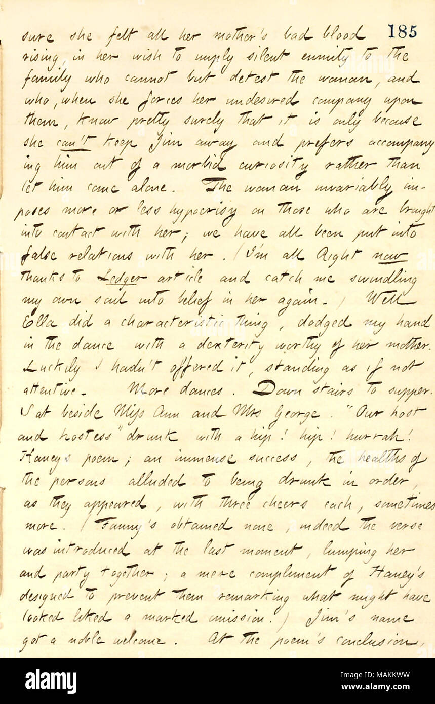Describes the Edwards family's Christmas party.  Transcription: sure she [Ellen Eldredge] felt all her mother [Fanny Fern]'s bad blood rising, in her wish to imply silent enmity to the family who cannot but detest the woman, and who, when she forces her undesired company upon them, knew pretty surely that it is only because she can't keep Jim [Parton] away and prefers accompanying him out of a morbid curiosity rather than let him come alone. The woman invariably imposes more or less hypocrisy on those who are brought into contact with her; we have all been put into false relations with her. (I Stock Photo