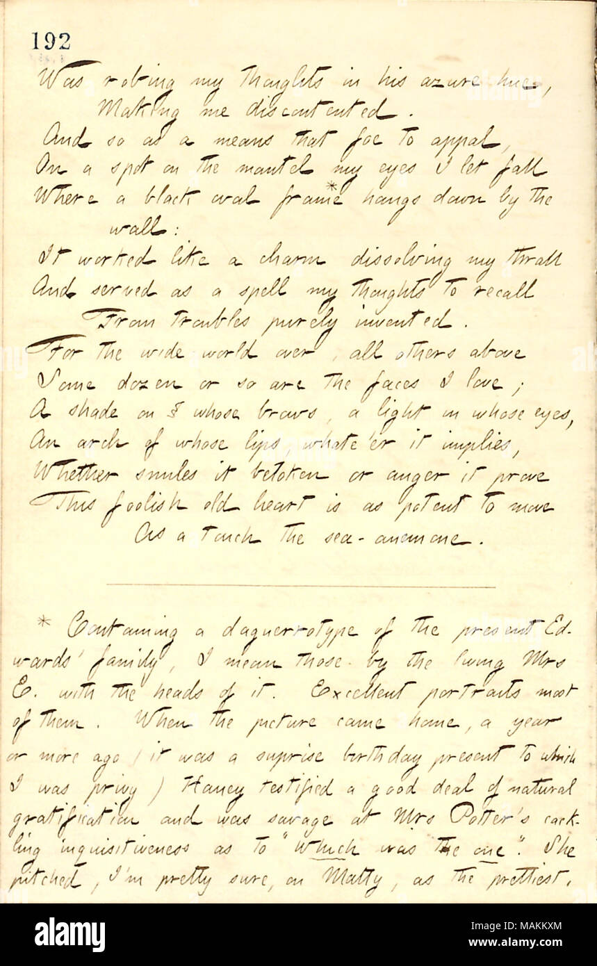 Jesse Haney's Christmas poem, which was read at the Edwards family's 1859 Christmas party.  Transcription: Was robing my thoughts in his azure hue, Making me discontented. And so as a means that foe to appal, On a spot on the mantel my eyes I let fall Where a black oval frame* hangs down by the wall: It worked like a charm dissolving my thrall And served as a spell my thoughts to recall From troubles purely invented For the wide-world over, all others above Some dozen or so are the faces I love; A shade on whose brows, a light in whose eyes, An arch of whose lips, whate ?er it implies, Whether Stock Photo