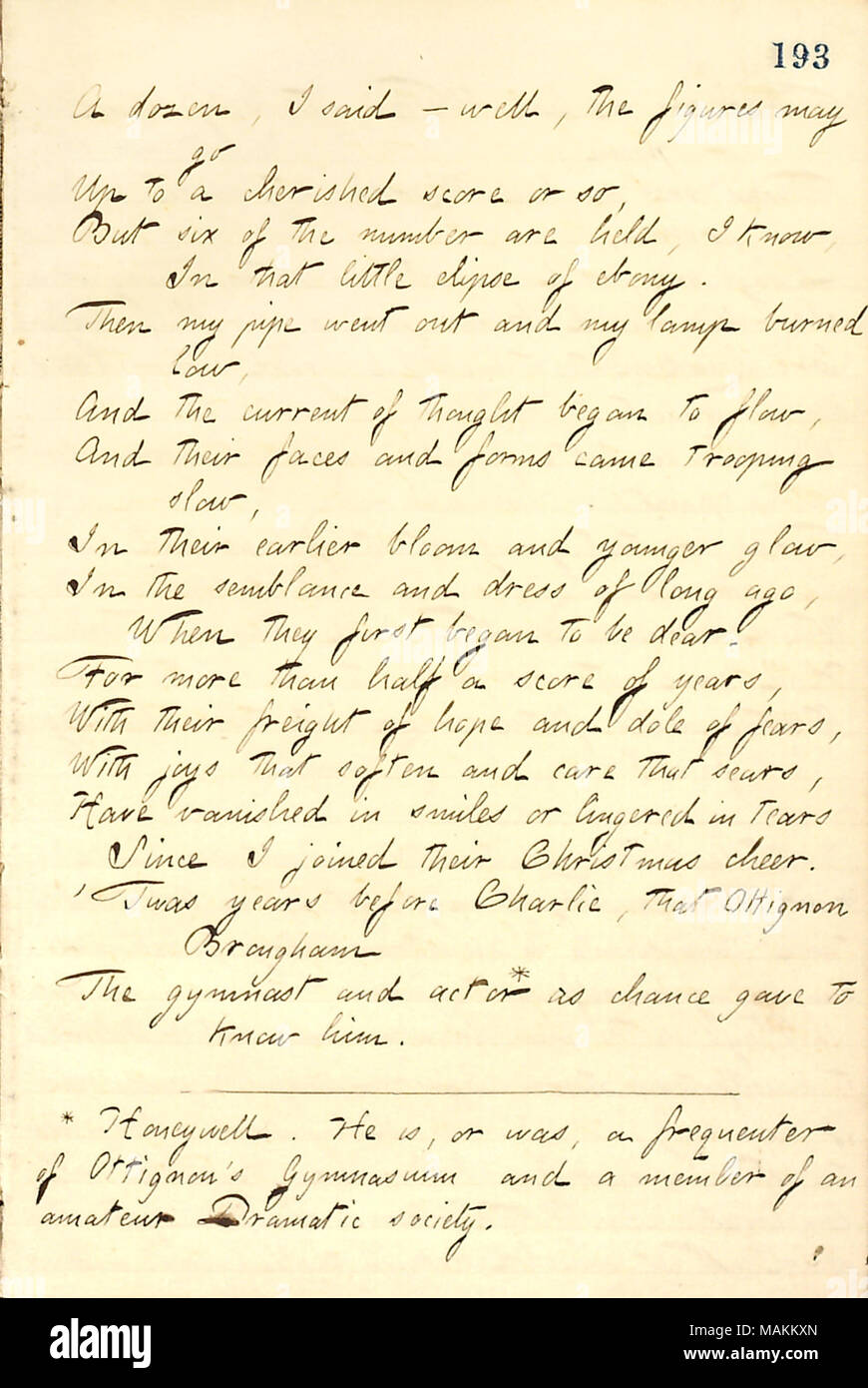 Jesse Haney's Christmas poem, which was read at the Edwards family's 1859 Christmas party.  Transcription: A dozen, I said  ? well, the figures may Go Up to a cherished score or so, But six of the number are held, I know, In that little elipse of ebony. Then my pipe went out and my lamp burned low, And the current of thought began to flow, And their faces and forms came trooping slow, In their earlier bloom and younger glow, In the semblance and dress of long ago, When they first began to be dear. For more than half a score of years, With their freight of hope and dole of fears, With joys that Stock Photo