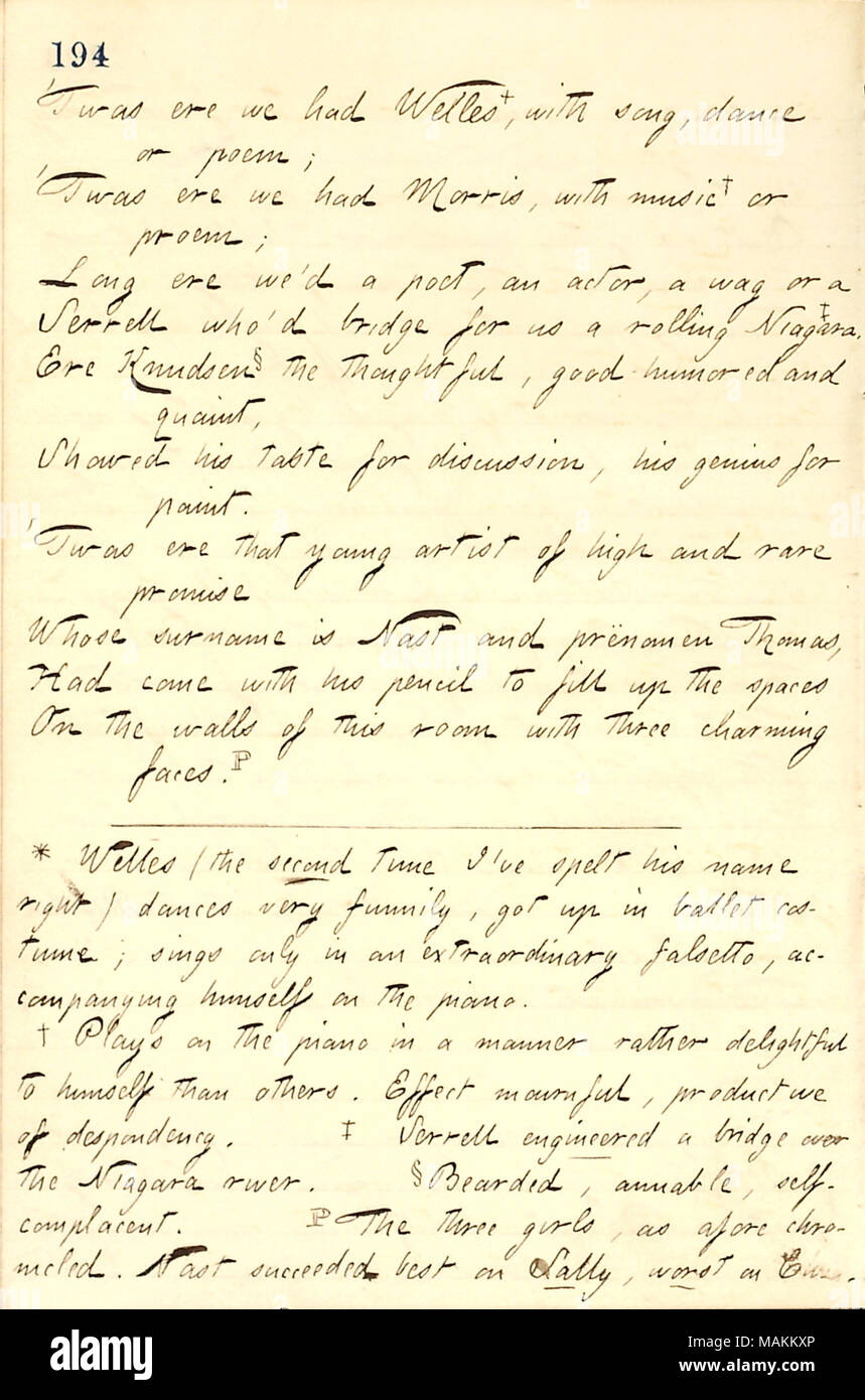 Jesse Haney's Christmas poem, which was read at the Edwards family's 1859 Christmas party.  Transcription:  ?Twas ere we had [Edward] Welles*, with song, dance or poem;  ?Twas ere we had [James] Morris, with music ? or proem; Long ago ere we ?d a poet, an actor, a wag or a [Edward] Serrell who ?d bridge for us a rolling Niagara. ? Ere [Carl] Knudsen-? the thoughtful, good-humored and quaint, Showed his taste for discussion, his genius for paint.  ?Twas ere that young artist of high and rare promise Whose surname is [Thomas] Nast and prenomen Thomas, Had come with his pencil to fill up the spac Stock Photo