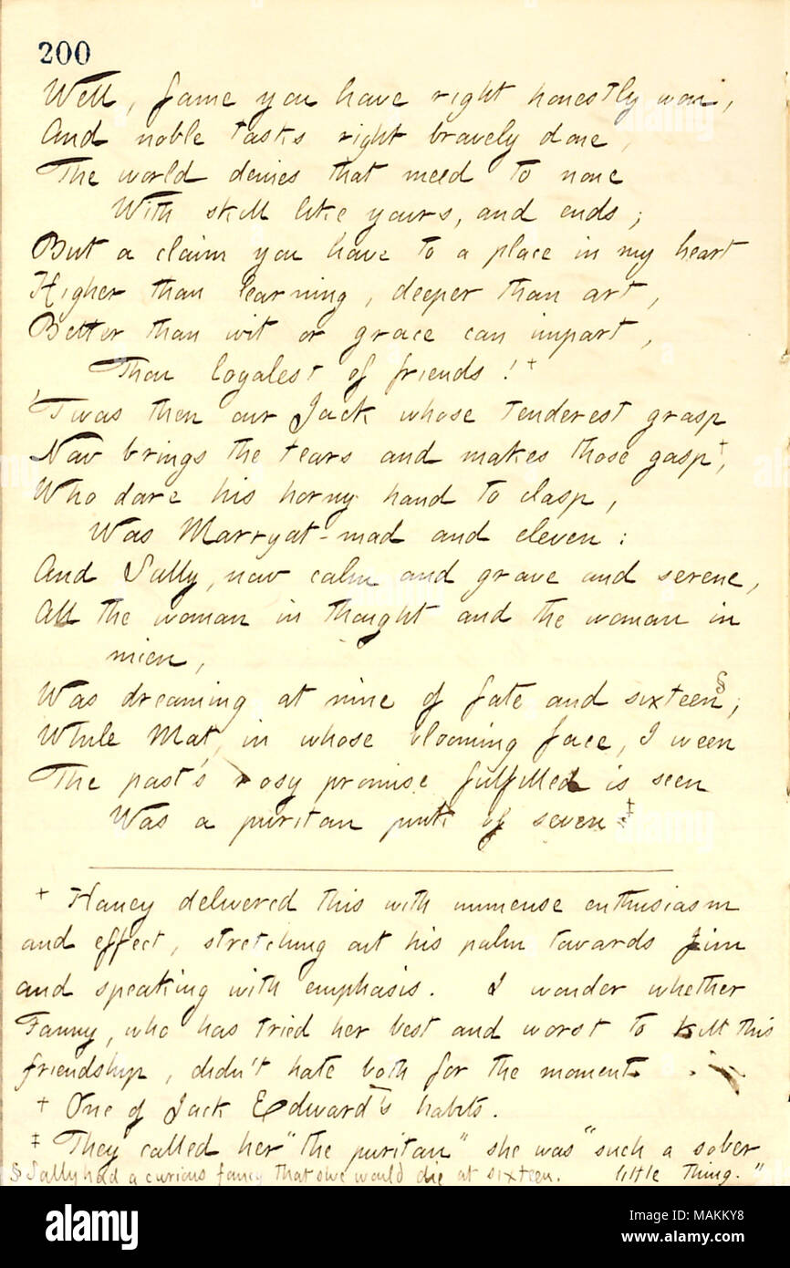 Jesse Haney's Christmas poem, which was read at the Edwards family's 1859 Christmas party.  Transcription: Well, fame you have right honestly won, And noble tasks right bravely done, The world denies that need to none With skill like yours, and ends; But a claim you have to a place in my heart Higher than learning, deeper than art, Better than wit or grace can impart, Thou loyalist of friends! +  ?Twas then our Jack [Edwards] whose tenderest grasp Now brings the tears and makes those gasp,  ? Was [Frederick] Marryat-mad and eleven: And Sally [Edwards], now calm and grace and serene, All the wo Stock Photo
