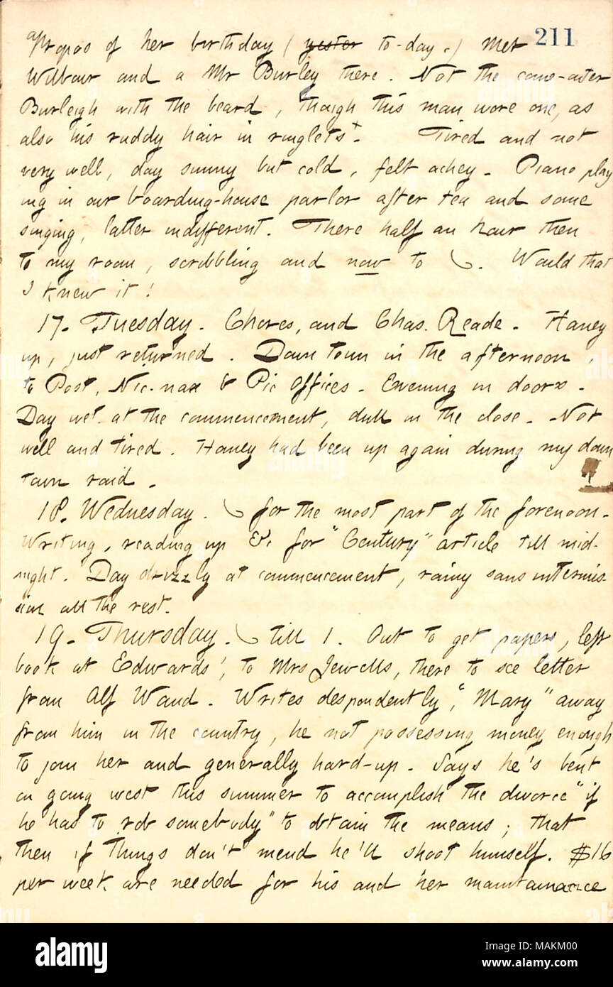 Describes a letter received from Alf Waud, mentioning his wife Mary being away in the country.  Transcription: apropos of her [Sally Edwards'] birthday (yester to-day.) Met [Charles E.] Wilbour and a Mr Burley there. Not the come-outer Burleigh with the beard, though this man wore one, as also his ruddy hair in ringlets. Tired and not very well, day sunny but cold, felt achey. Piano playing in our boarding-house parlor after tea and some singing, latter indifferent. There half an hour then to my room, scribbling and now to [phonography]. Would that I knew it! 17. Tuesday. Chores, and Chas. Rea Stock Photo