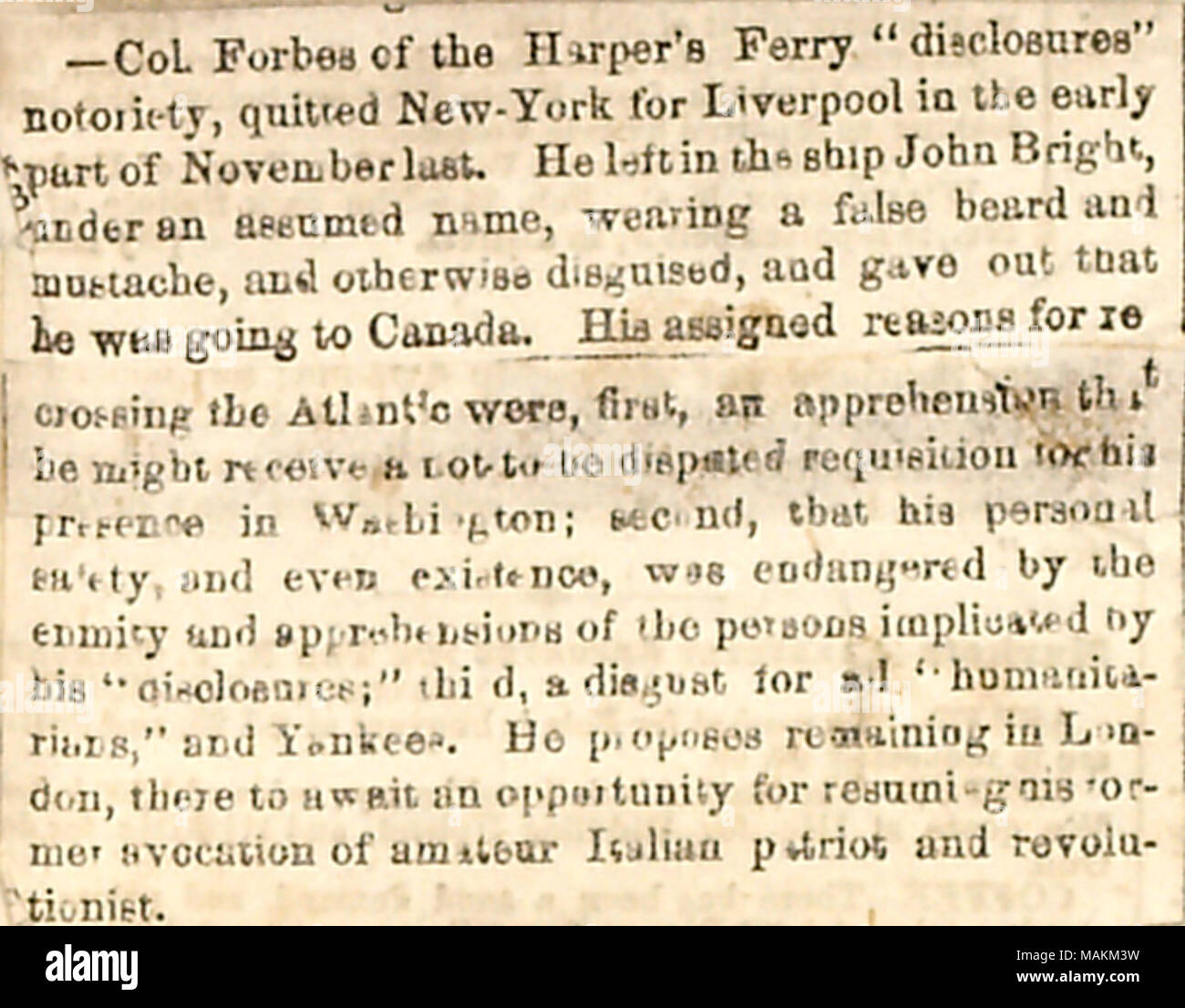 Newspaper clipping describing the departure of Colonel Hugh Forbes for