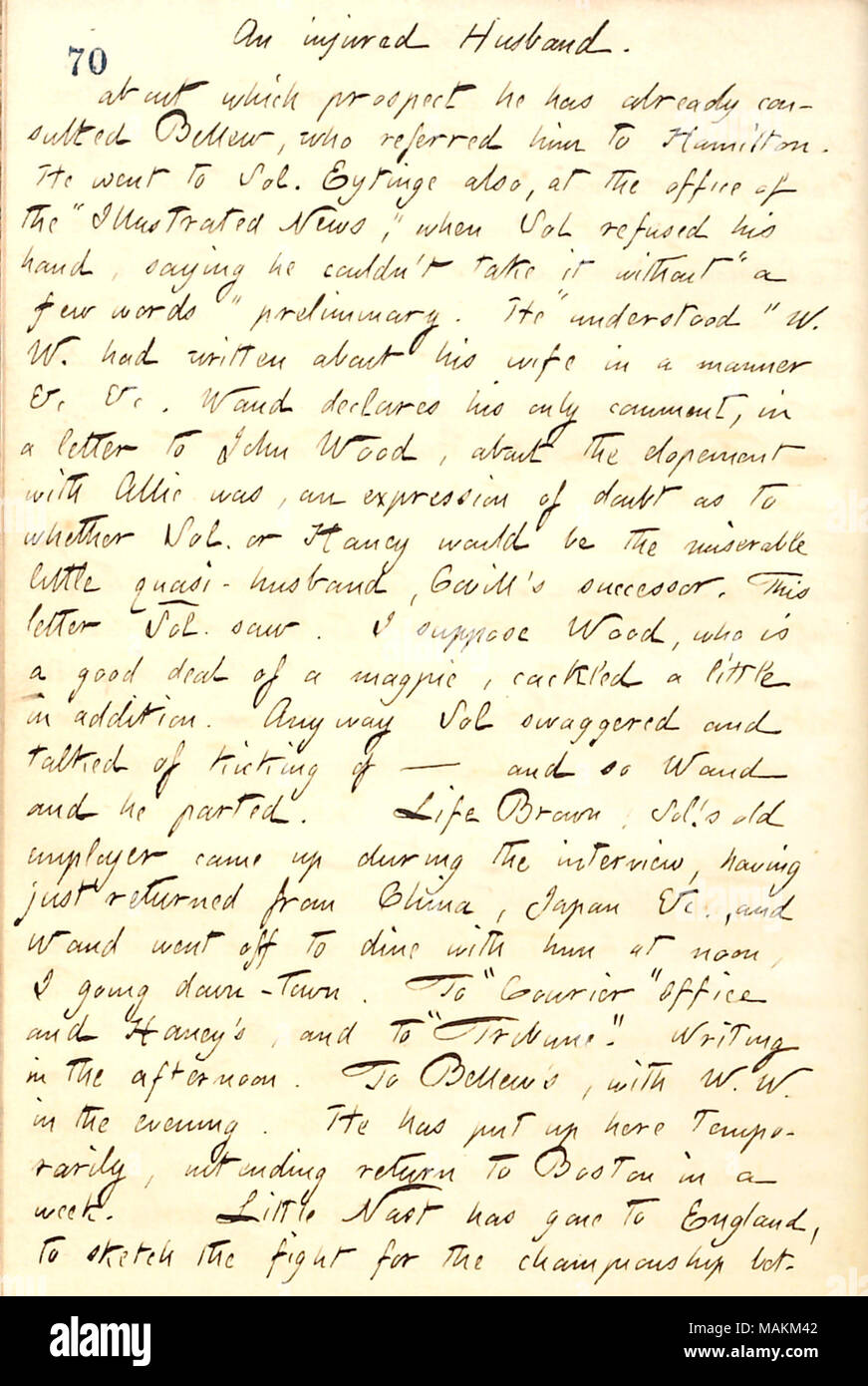 Regarding the arrival of William Waud in New York.  Transcription: An injured Husband. about which prospect he [William Waud] has already consulted [Frank] Bellew, who referred him to Hamilton. He went to Sol. Eytinge also, at the office of the 'Illustrated News,' when Sol refused his hand, saying he couldn't take it without 'a few words' preliminary. He 'understood' W.W. had written about his wife [Allie Vernon] in a manner &c &c. Waud declares his only comment, in a letter to John Wood, about the elopement with Allie was, an expression of doubt as to whether Sol or [Jesse] Haney would be the Stock Photo