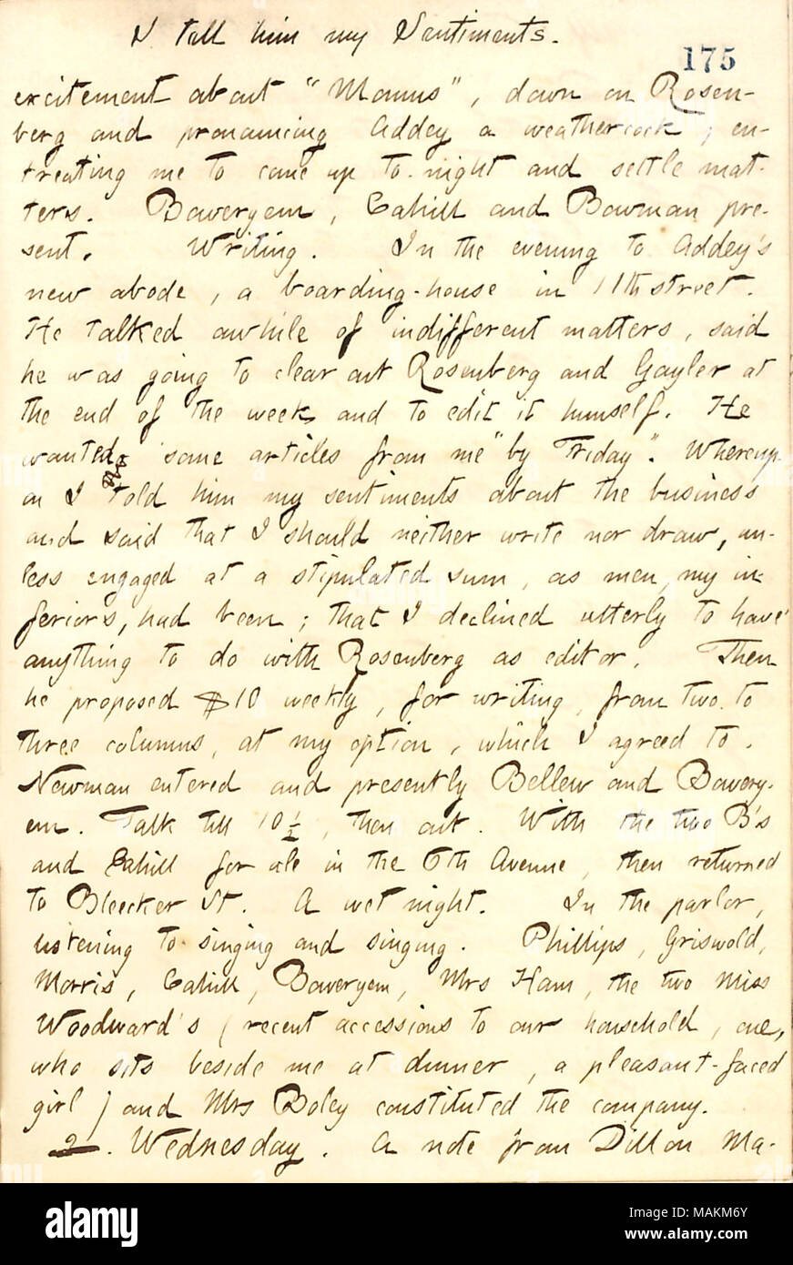 Regarding Gunn's discussion with Henry Addey about writing for Momus.  Transcription: I tell him [William Newman] my Sentiments. excitement about 'Momus,' down on Rosenberg and pronouncing [Henry] Addey a weathercock; entreating me to come up to-night and settle matters. [George] Boweryem, [Frank] Cahill and [Amos] Bowman present. Writing. In the evening to Addey's new abode, a boarding-house in 11th street. He talked awhile of indifferent matters, said he was going to clear out Rosenberg and [Charles] Gayler at the end of the week and to edit it himself. He wanted some articles from me 'by Fr Stock Photo