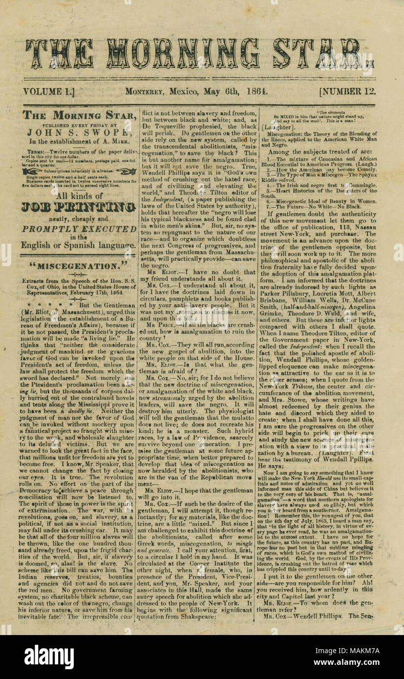 Includes article about proposed legislation on miscegenation and news of the Civil War. Title: Newspaper issue of The Morning Star, May 6, 1864  . 6 May 1864. Morning Star Stock Photo