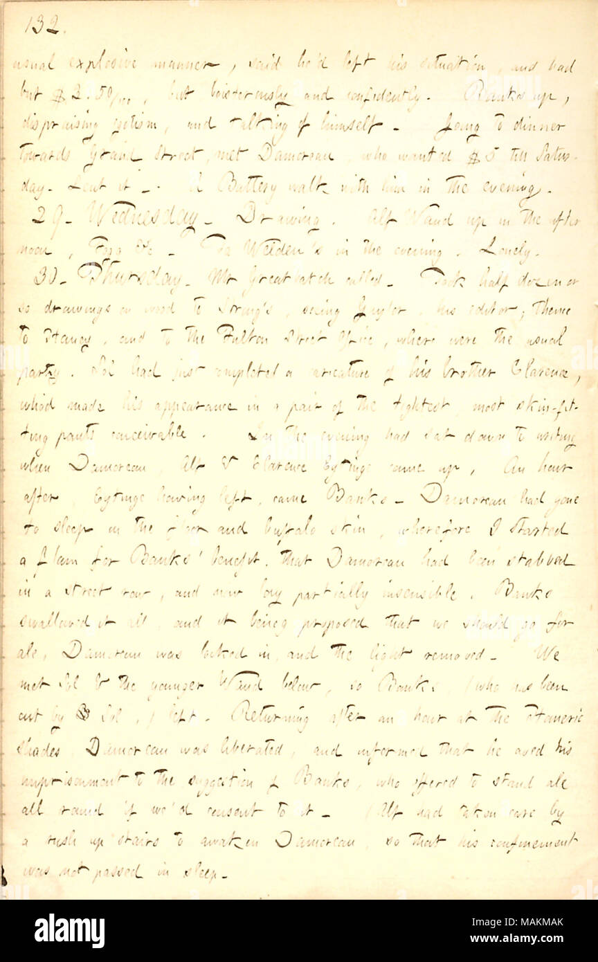 Describes playing a joke on A.F. Banks by convincing him that a sleeping Charles Damoreau had been stabbed.  Transcription: usual explosive manner, said he [Yatman]'d left his situation, and had but $3.50/100, but boisterously and confidently. [A.F.] Banks up, dispraising egotism, and talking of himself. Going to dinner towards Grand Street, met [Charles] Damoreau, who wanted $5 till Saturday. Lent it. A Battery walk with him in the evening. 29. Wednesday. Drawing. Alf Waud up in the afternoon, Fogg &c. To [Charles] Welden's in the evening. Lonely. 30. Thursday. Mr [Joseph] Greatbatch called.  Stock Photo